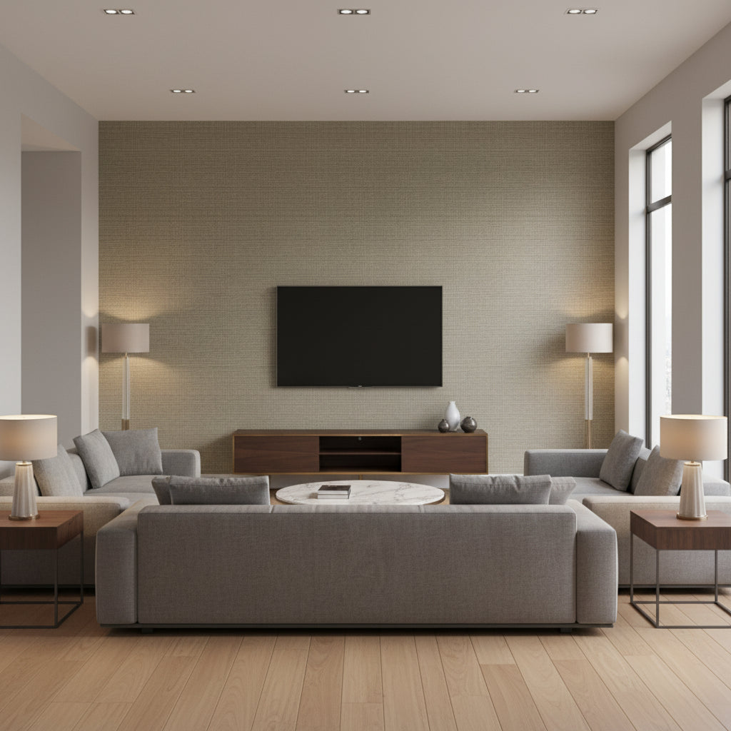 Facet Chestnut | Romo - Living Room Visualization (AI-generated, may not be to scale. Verify pattern scale with product specifications.)