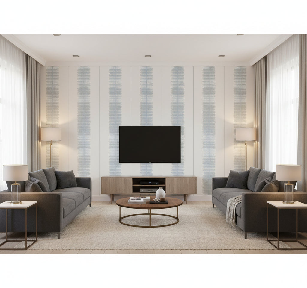 Tandem Stripe Wallcovering Blue | Ralph Lauren - Living Room Visualization (AI-generated, may not be to scale. Verify pattern scale with product specifications.)