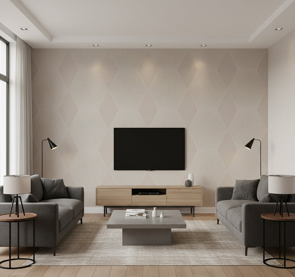 Diamond Legacy Wallcovering Taupe | Ralph Lauren - Living Room Visualization (AI-generated, may not be to scale. Verify pattern scale with product specifications.)