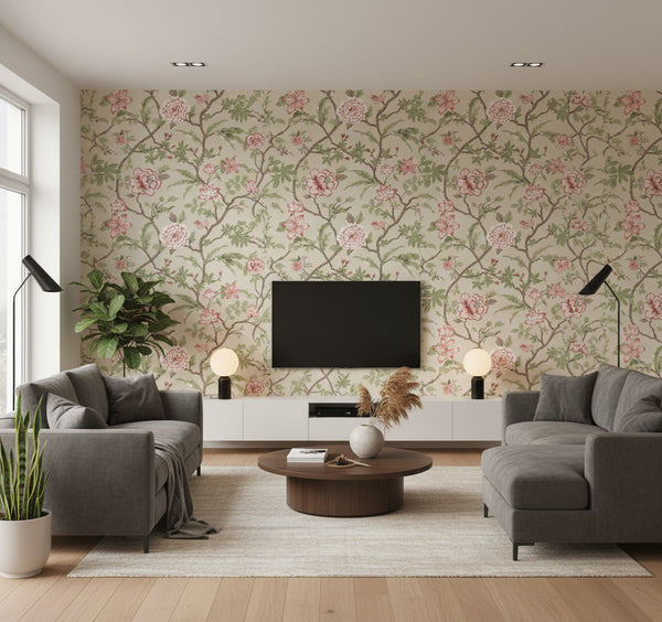 Courtyard Botanical Wallcovering - Pink | Ronald Redding
