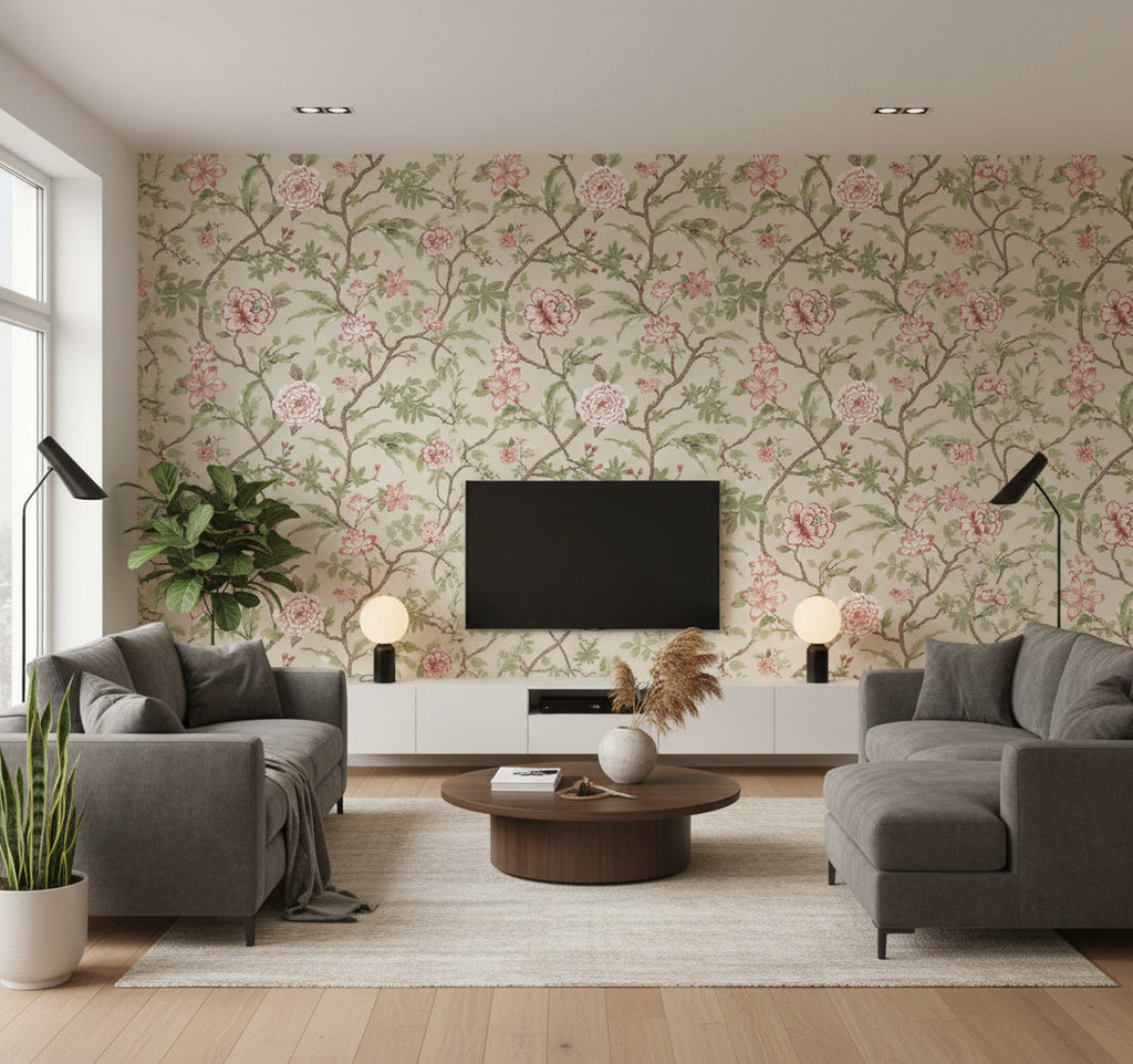 Courtyard Botanical Wallcovering Pink | Ralph Lauren - Living Room Visualization (AI-generated, may not be to scale. Verify pattern scale with product specifications.)