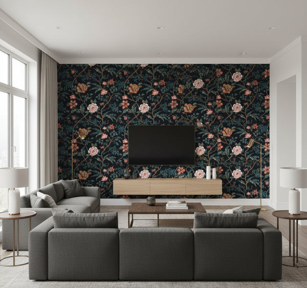 Courtyard Botanical Wallcovering - Scarlet | Ronald Redding