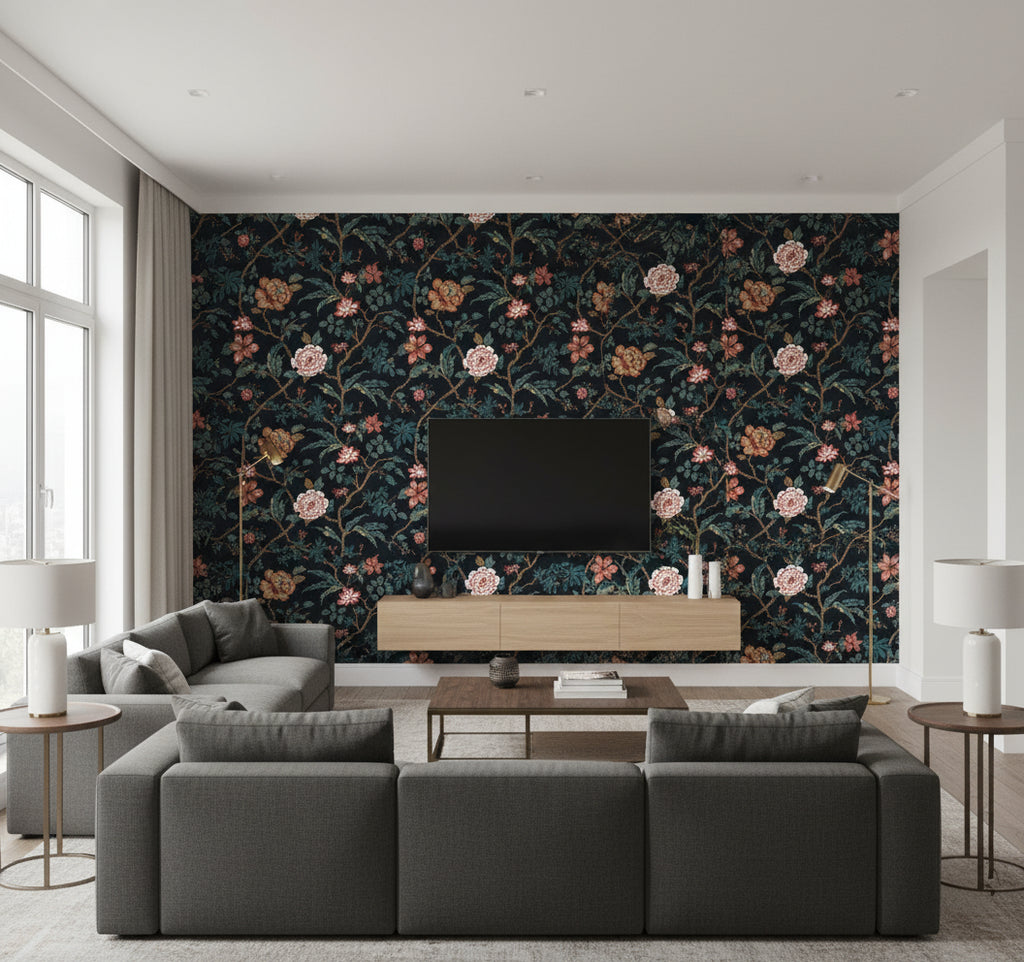 Courtyard Botanical Wallcovering Scarlet | Ralph Lauren - Living Room Visualization (AI-generated, may not be to scale. Verify pattern scale with product specifications.)