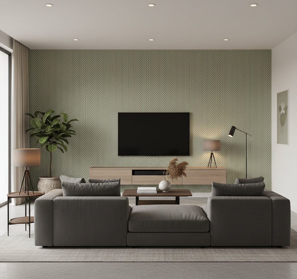 Regent Wallcovering Emerald | Ralph Lauren - Living Room Visualization (AI-generated, may not be to scale. Verify pattern scale with product specifications.)