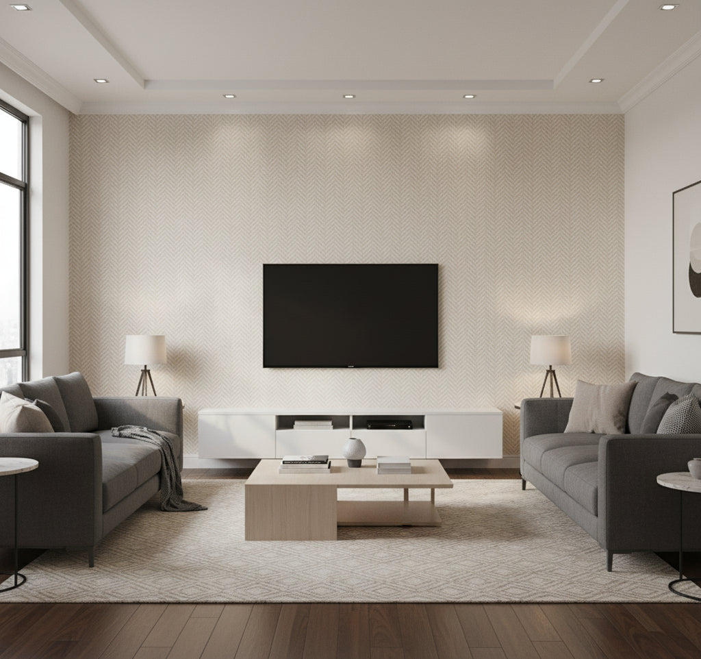 Regent Wallcovering Soft Beige | Ralph Lauren - Living Room Visualization (AI-generated, may not be to scale. Verify pattern scale with product specifications.)