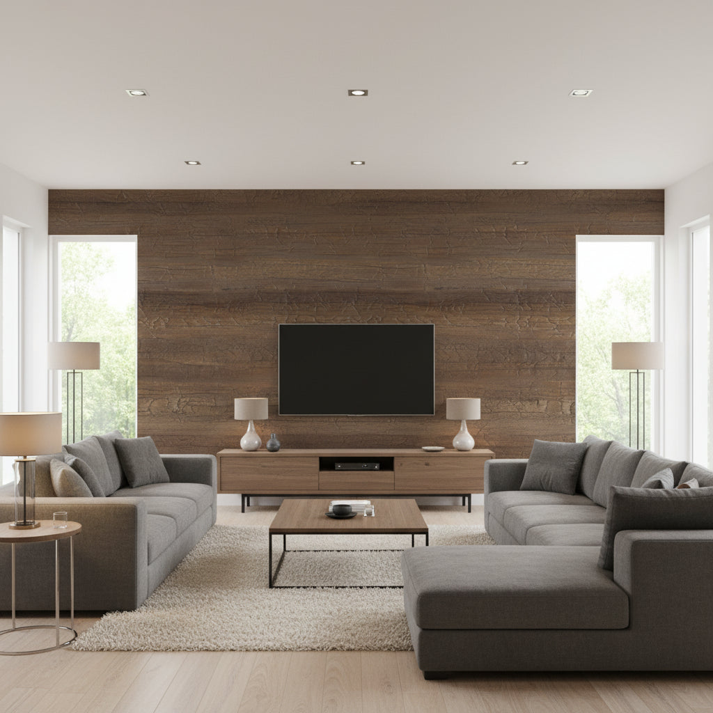 Lotus Wallcovering Brown | Ralph Lauren - Living Room Visualization (AI-generated, may not be to scale. Verify pattern scale with product specifications.)