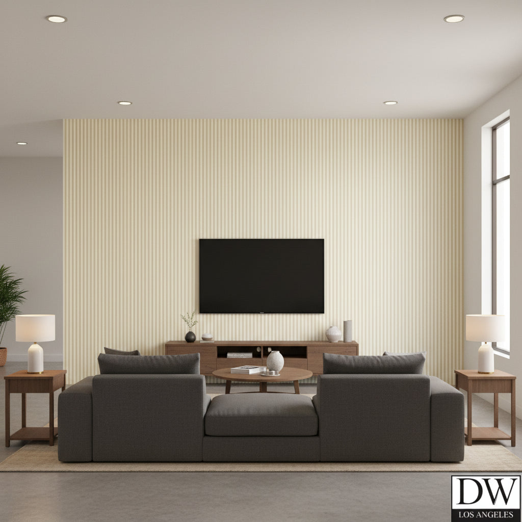 Newport Stripe | Schumacher - Living Room Visualization (AI-generated, may not be to scale. Verify pattern scale with product specifications.)