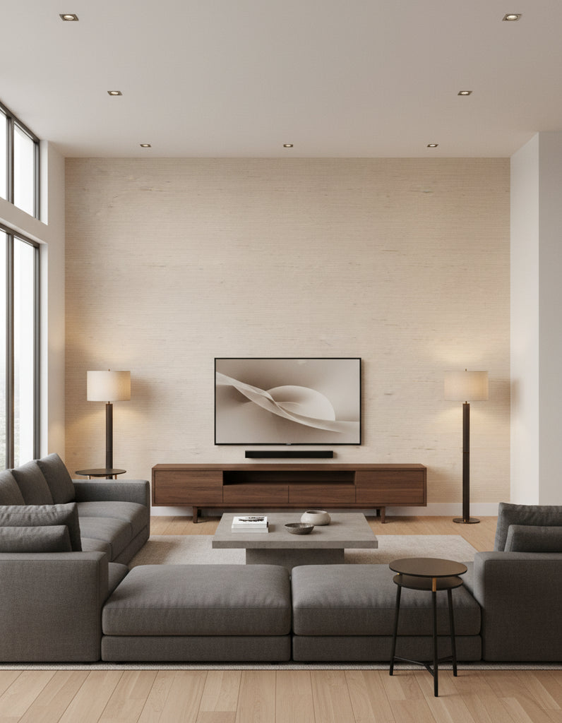 Maguey Grey and Taupe Sisal Wallcovering Grey and Taupe | Ralph Lauren - Living Room Visualization (AI-generated, may not be to scale. Verify pattern scale with product specifications.)