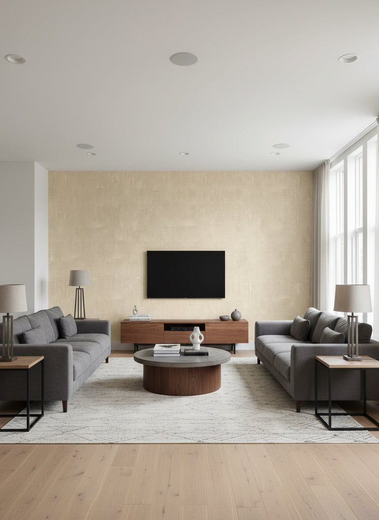 Odaiba Printed Texture | Architectural Wallcoverings - Living Room Visualization (AI-generated, may not be to scale. Verify pattern scale with product specifications.)