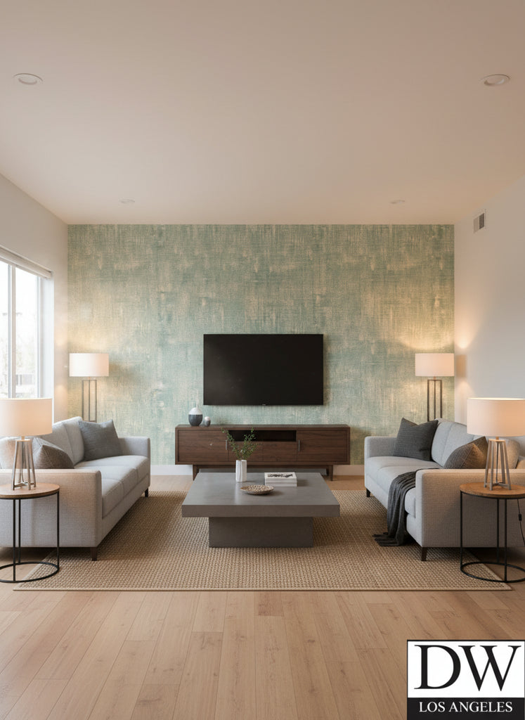 Odaiba Printed Texture | Architectural Wallcoverings - Living Room Visualization (AI-generated, may not be to scale. Verify pattern scale with product specifications.)