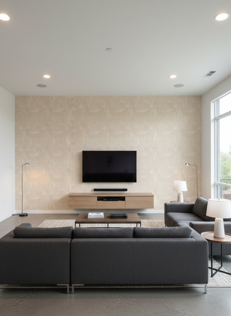 Odaiba Printed Texture | Architectural Wallcoverings - Living Room Visualization (AI-generated, may not be to scale. Verify pattern scale with product specifications.)