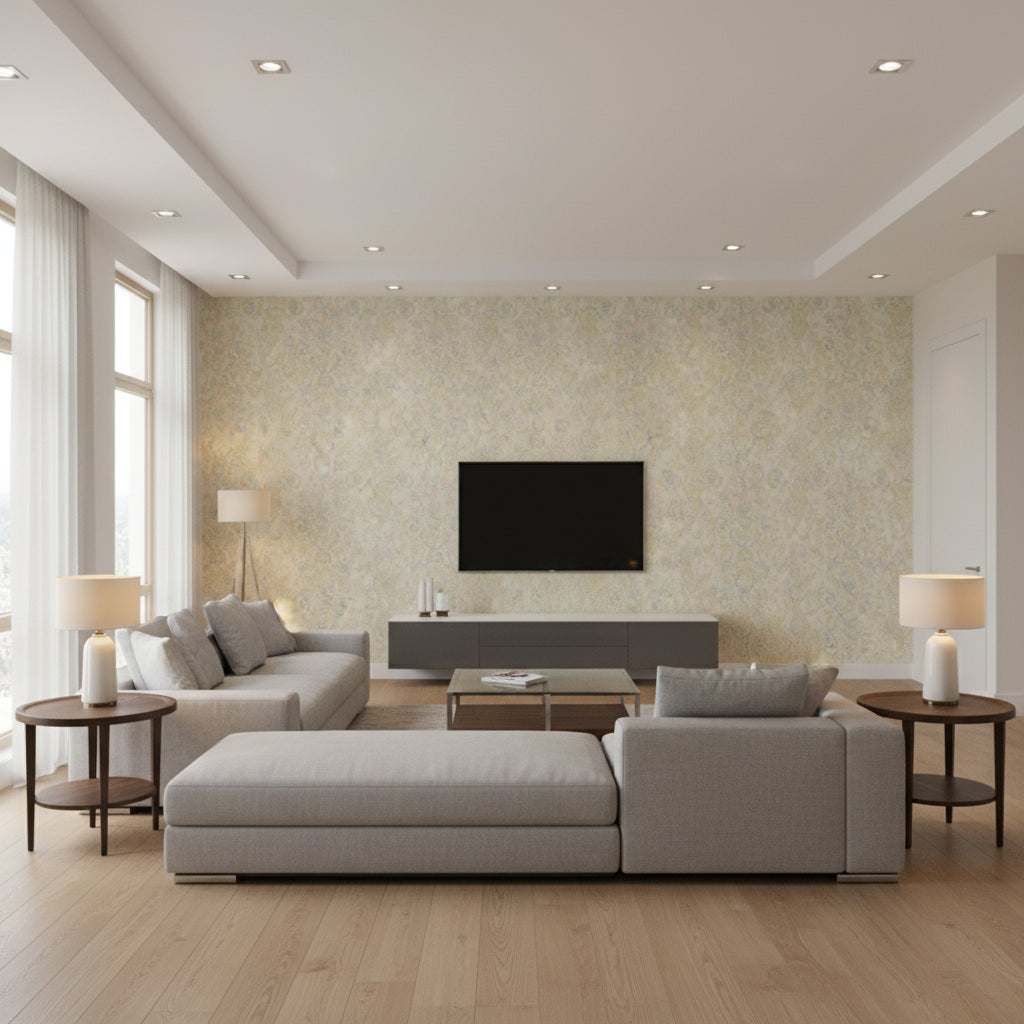 Old Hall Floral Fresco |    Ralph Lauren - Living Room Visualization (AI-generated, may not be to scale. Verify pattern scale with product specifications.)