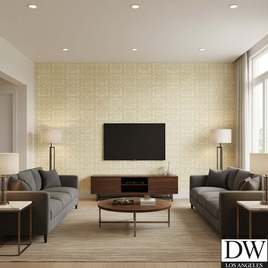 Oshima Faux Finish Greek Key | Architectural Wallcoverings - Living Room Visualization (AI-generated, may not be to scale. Verify pattern scale with product specifications.)