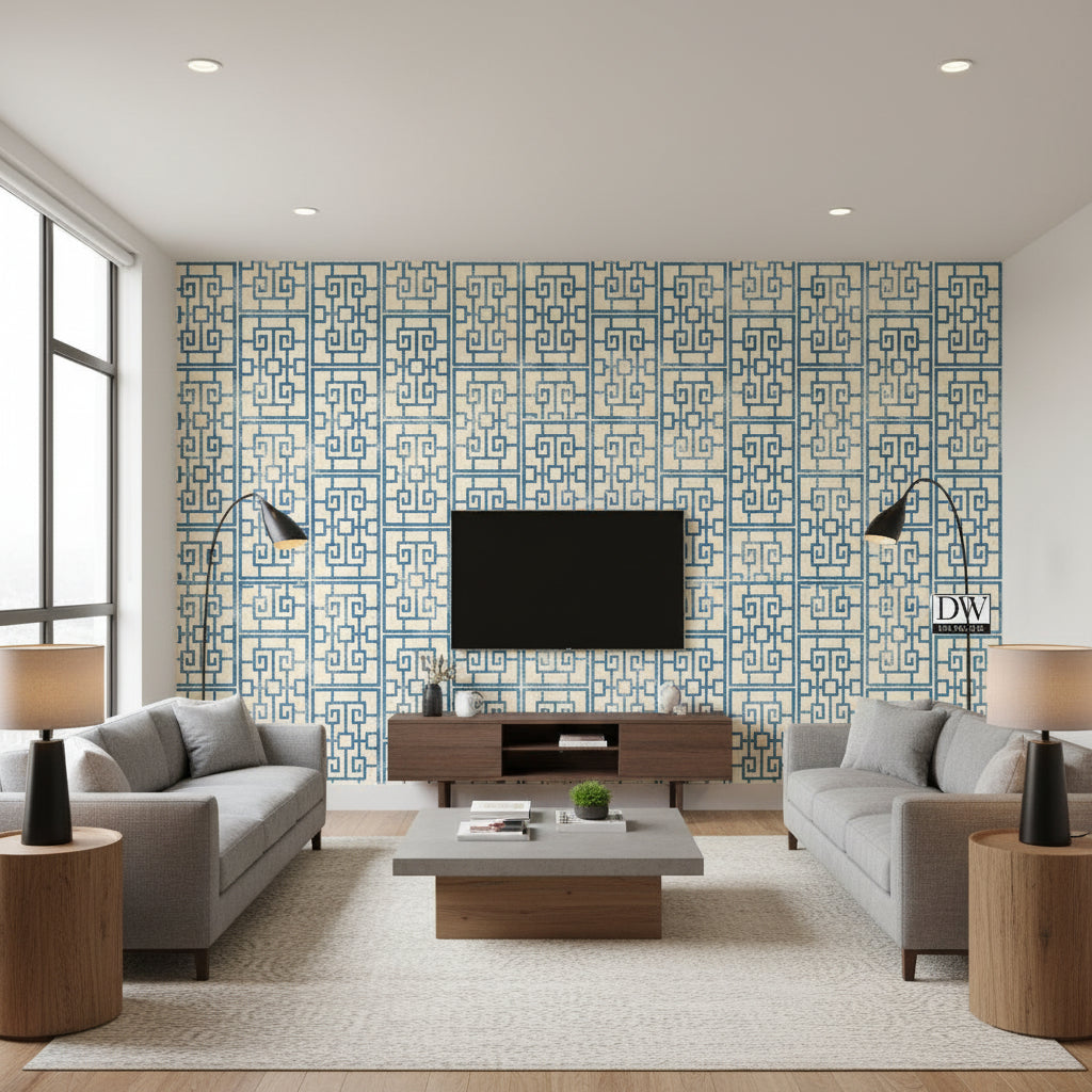 Oshima Faux Finish Greek Key | Architectural Wallcoverings - Living Room Visualization (AI-generated, may not be to scale. Verify pattern scale with product specifications.)