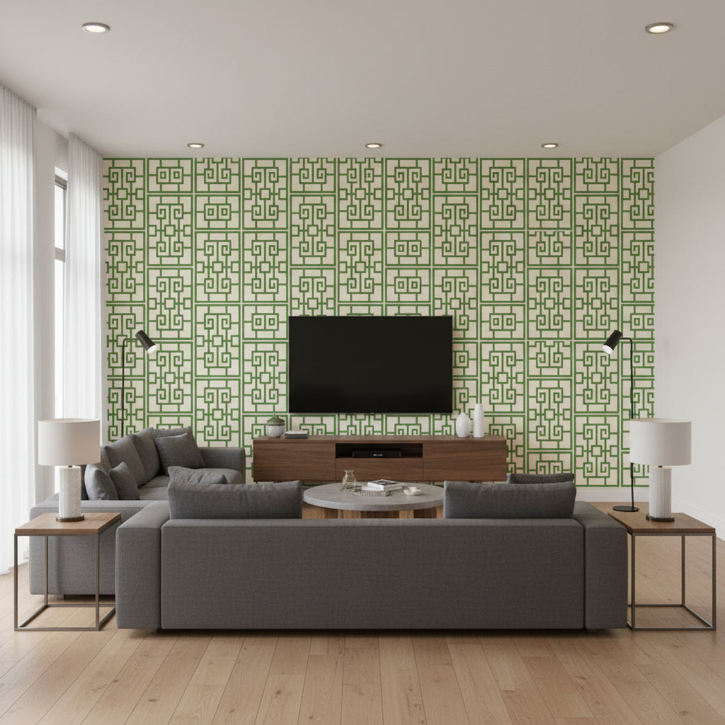 Oshima Faux Finish Greek Key | Architectural Wallcoverings - Living Room Visualization (AI-generated, may not be to scale. Verify pattern scale with product specifications.)