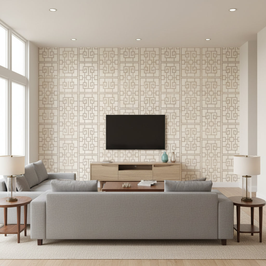 Oshima Faux Finish Greek Key | Architectural Wallcoverings - Living Room Visualization (AI-generated, may not be to scale. Verify pattern scale with product specifications.)