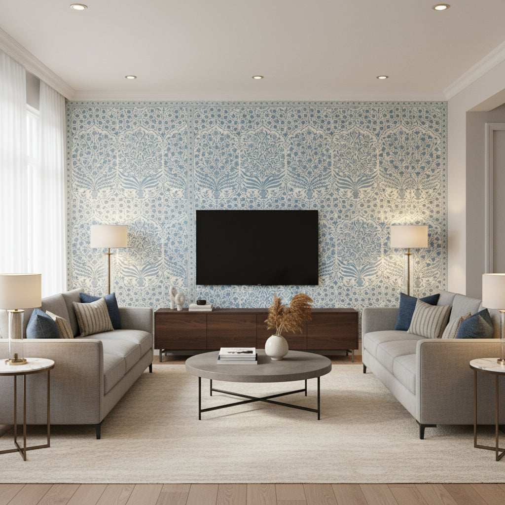 P2017100.515.0 | Kravet - Living Room Visualization (AI-generated, may not be to scale. Verify pattern scale with product specifications.)