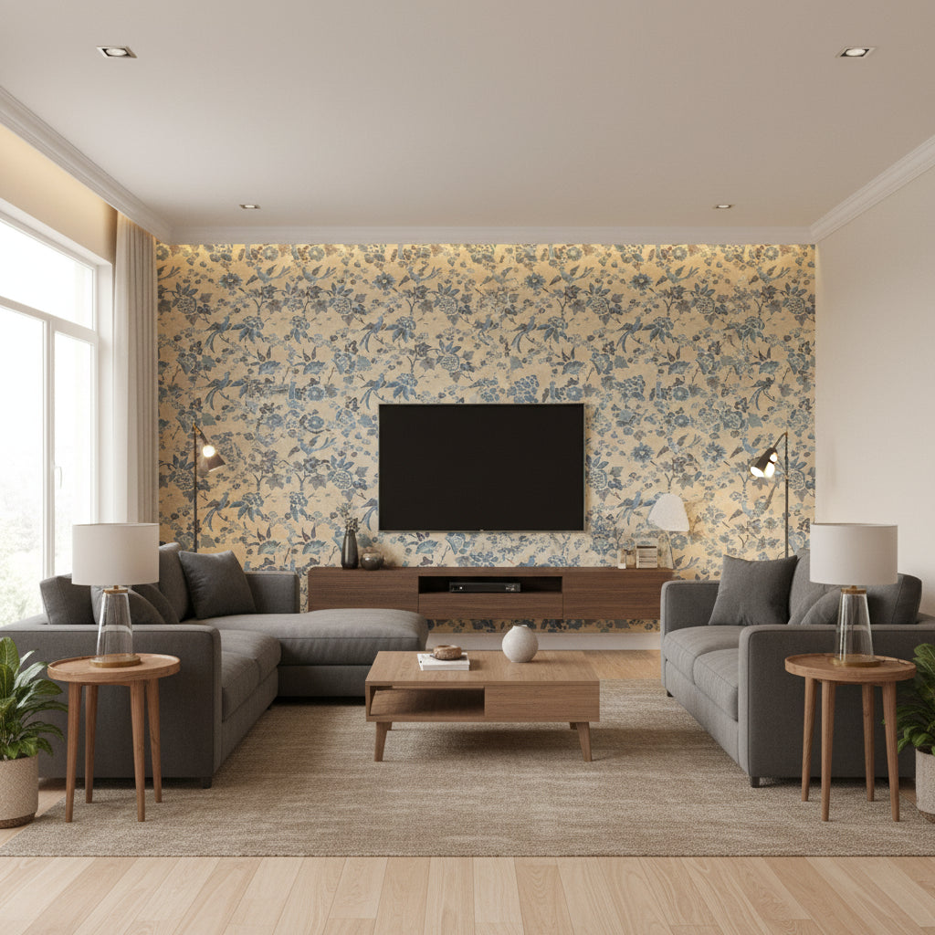 P2023127.516.0 | Kravet - Living Room Visualization (AI-generated, may not be to scale. Verify pattern scale with product specifications.)