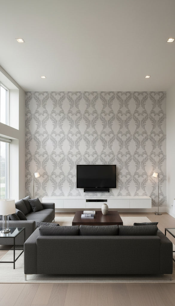 Parisian Pearl Damask Wallcovering - Living Room Visualization (AI-generated, may not be to scale. Verify pattern scale with product specifications.)