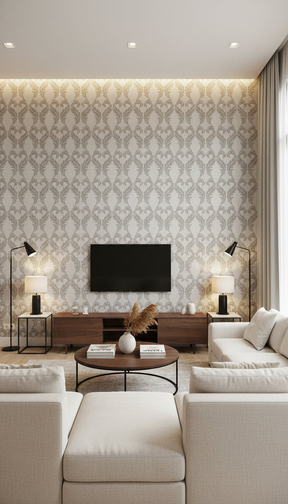 Parisian Pearl Damask Wallcovering - Living Room Visualization (AI-generated, may not be to scale. Verify pattern scale with product specifications.)