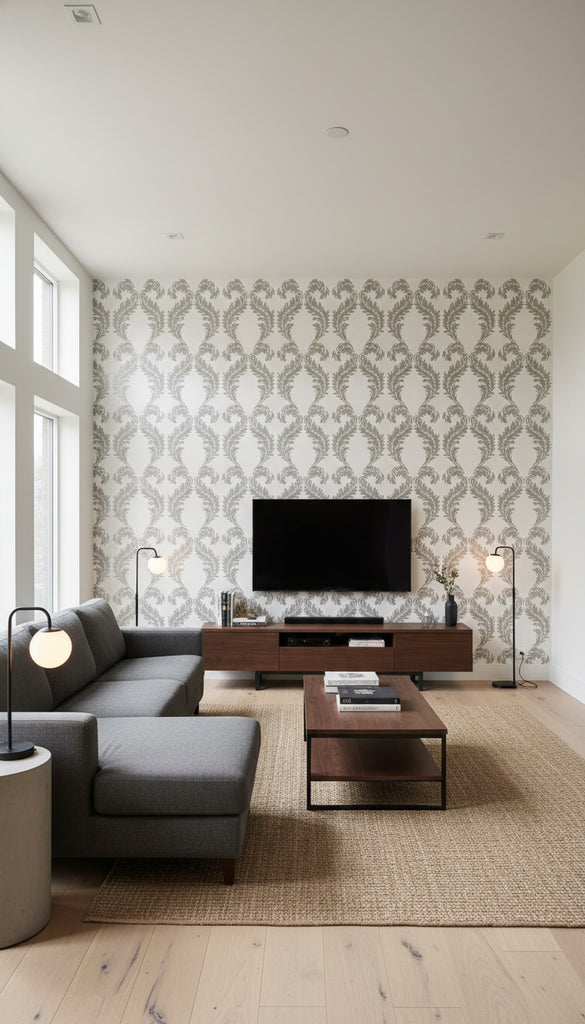 Parisian Pearl Damask Wallcovering - Living Room Visualization (AI-generated, may not be to scale. Verify pattern scale with product specifications.)