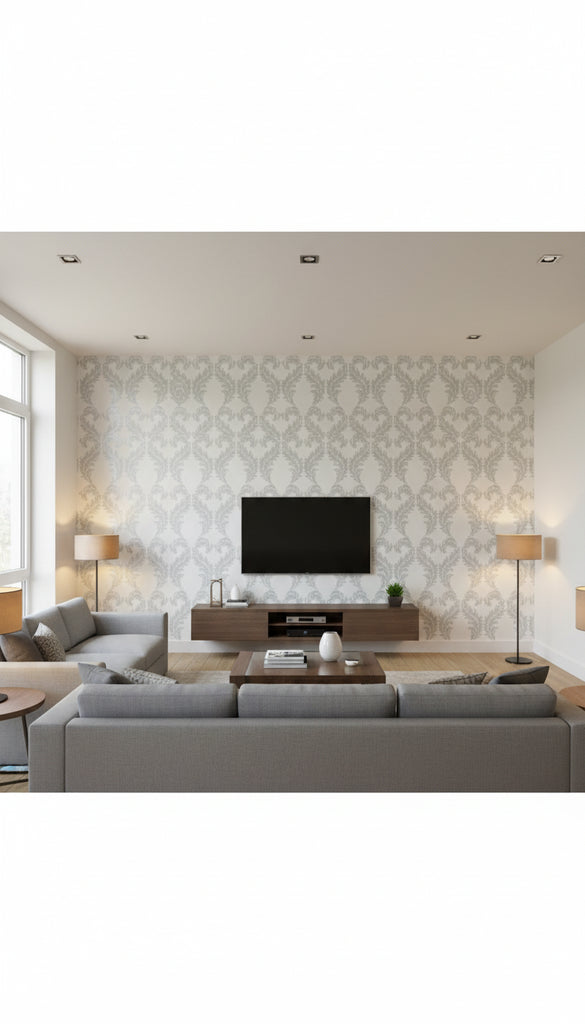 Parisian Pearl Damask Wallcovering - Living Room Visualization (AI-generated, may not be to scale. Verify pattern scale with product specifications.)
