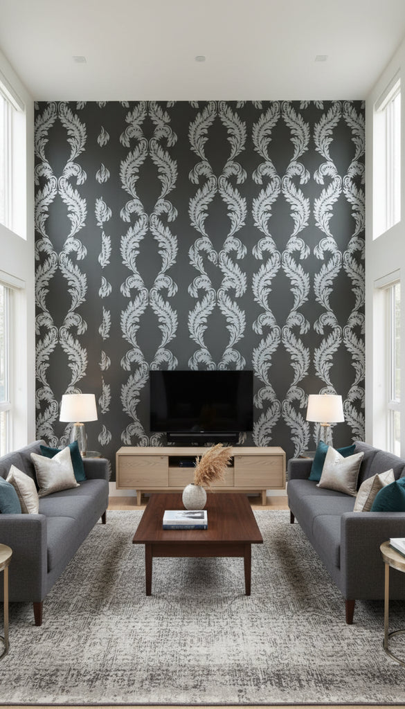 Parisian Pearl Damask Wallcovering - Living Room Visualization (AI-generated, may not be to scale. Verify pattern scale with product specifications.)