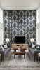 Parisian Pearl Damask Wallcovering - Living Room Visualization (AI-generated, may not be to scale. Verify pattern scale with product specifications.)