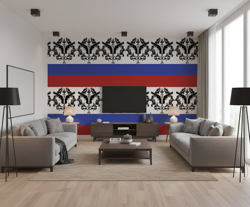 Patriotic Gun Acanthus Leaf Horizontal Stripe Mural Traditional | Architectural Wallcoverings - Living Room Visualization (AI-generated, may not be to scale. Verify pattern scale with product specifications.)