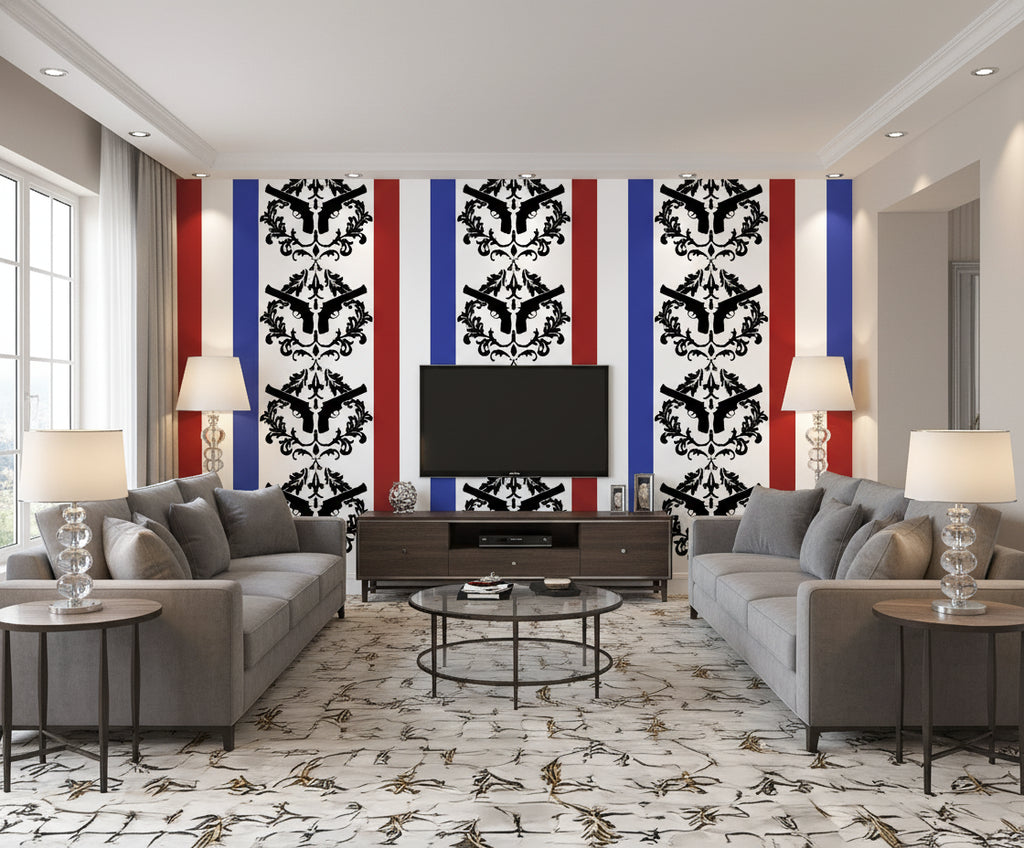 Patriotic Gun Acanthus Leaf Stripe Red, White and Blue Mural Traditional | Architectural Wallcoverings - Living Room Visualization (AI-generated, may not be to scale. Verify pattern scale with product specifications.)