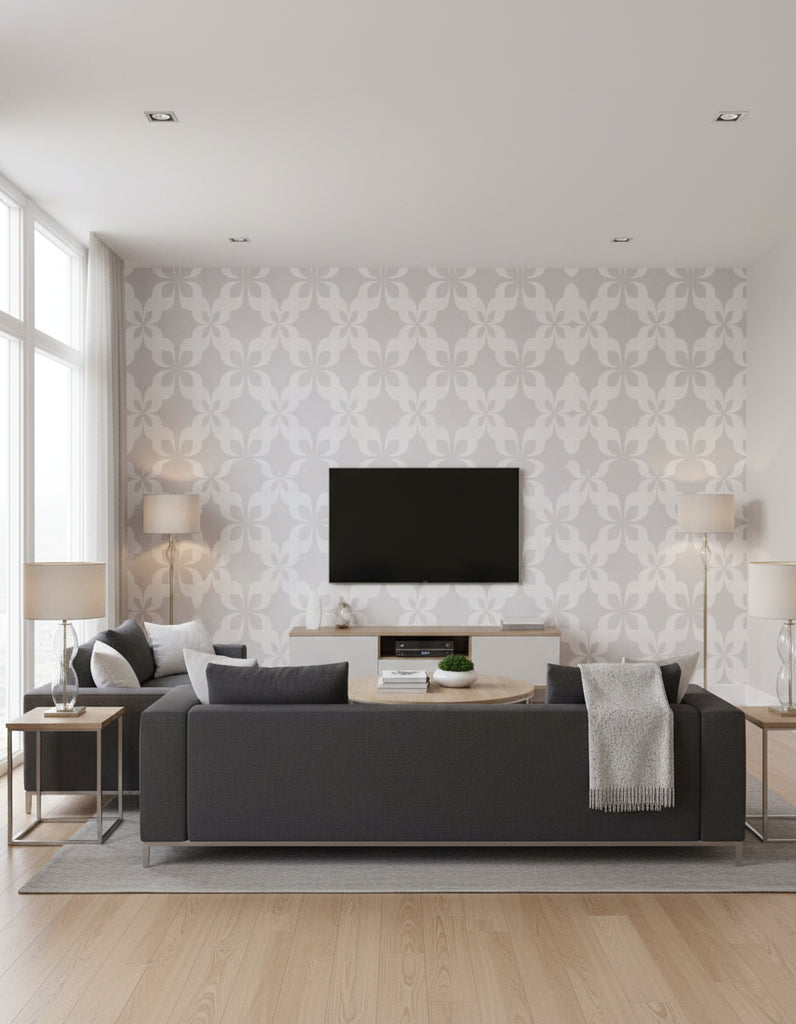 Paul's Retro Geometric - Living Room Visualization (AI-generated, may not be to scale. Verify pattern scale with product specifications.)