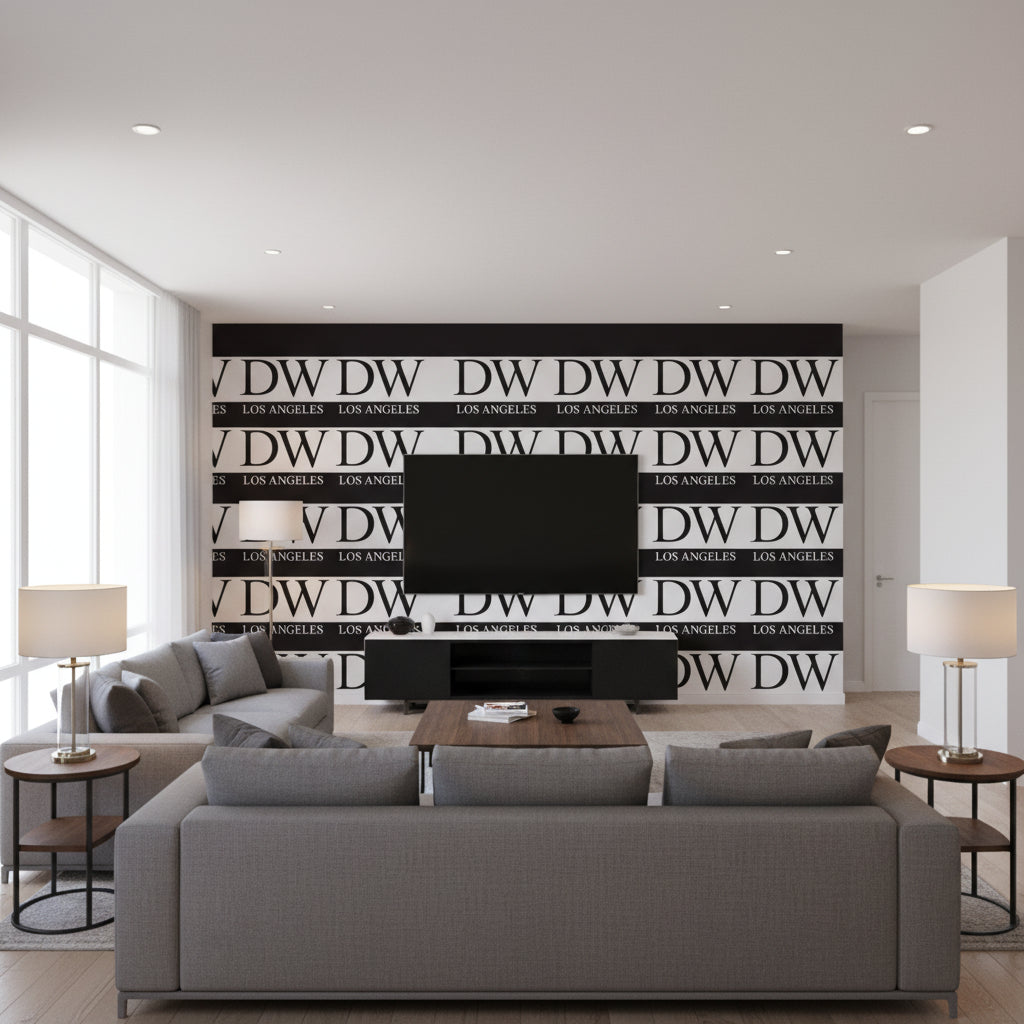 Paul's Retro Geometric - Living Room Visualization (AI-generated, may not be to scale. Verify pattern scale with product specifications.)