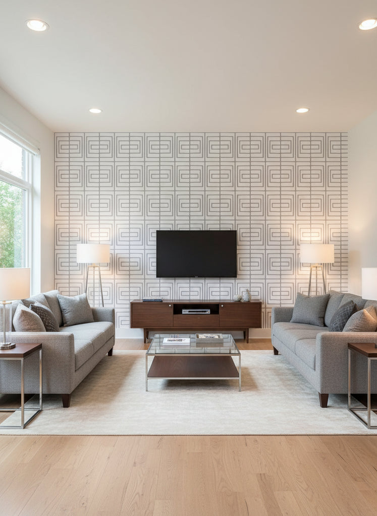 Paul's Retro Geometric - Living Room Visualization (AI-generated, may not be to scale. Verify pattern scale with product specifications.)
