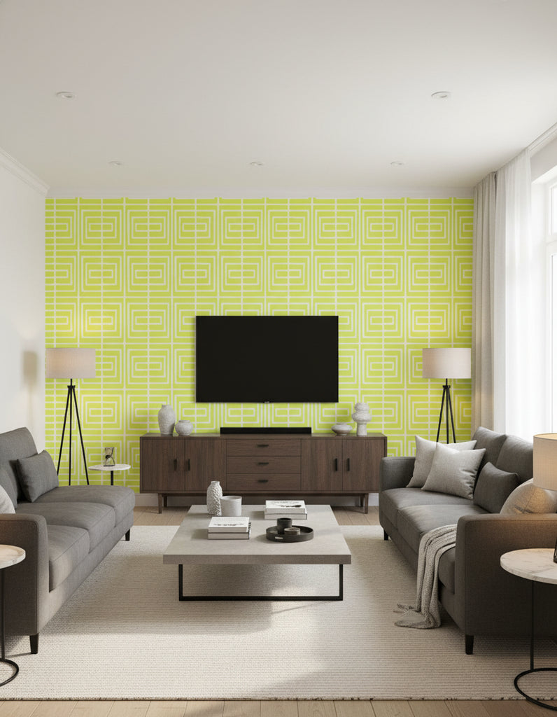 Paul's Retro Geometric - Living Room Visualization (AI-generated, may not be to scale. Verify pattern scale with product specifications.)