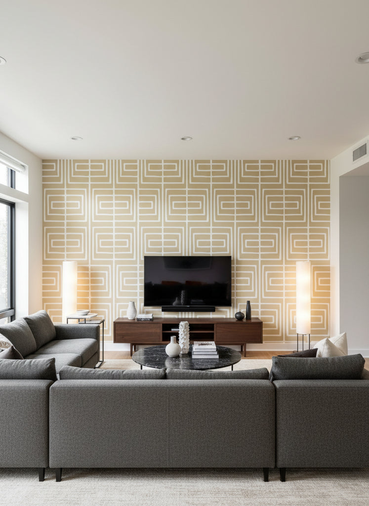 Paul's Retro Geometric - Living Room Visualization (AI-generated, may not be to scale. Verify pattern scale with product specifications.)