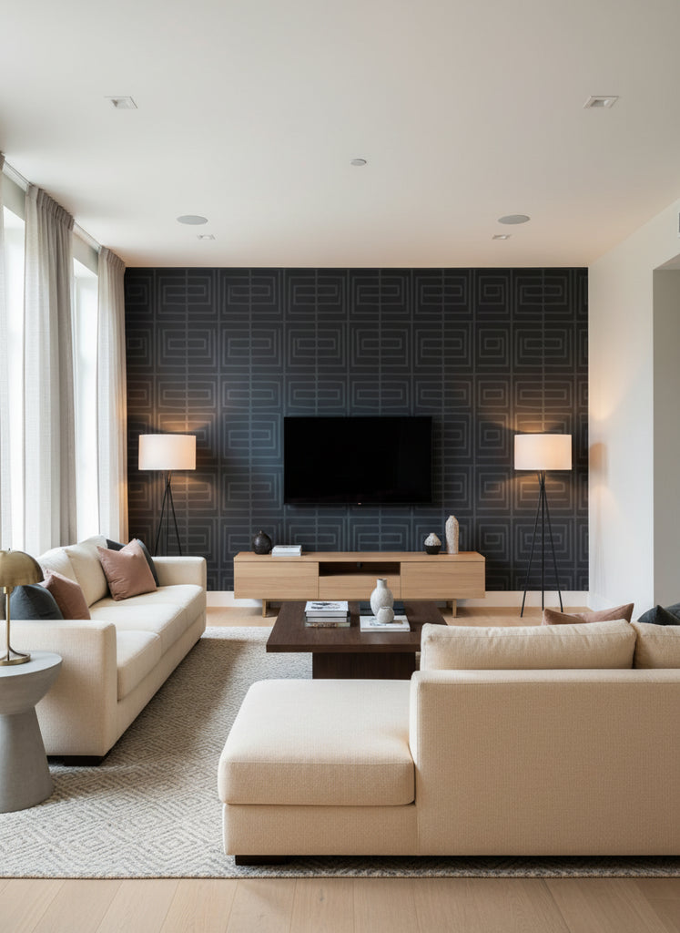 Paul's Retro Geometric - Living Room Visualization (AI-generated, may not be to scale. Verify pattern scale with product specifications.)