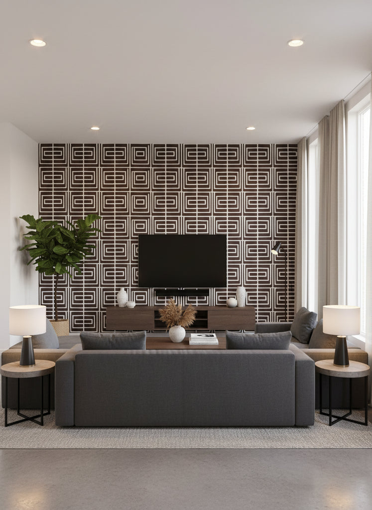 Paul's Retro Geometric - Living Room Visualization (AI-generated, may not be to scale. Verify pattern scale with product specifications.)