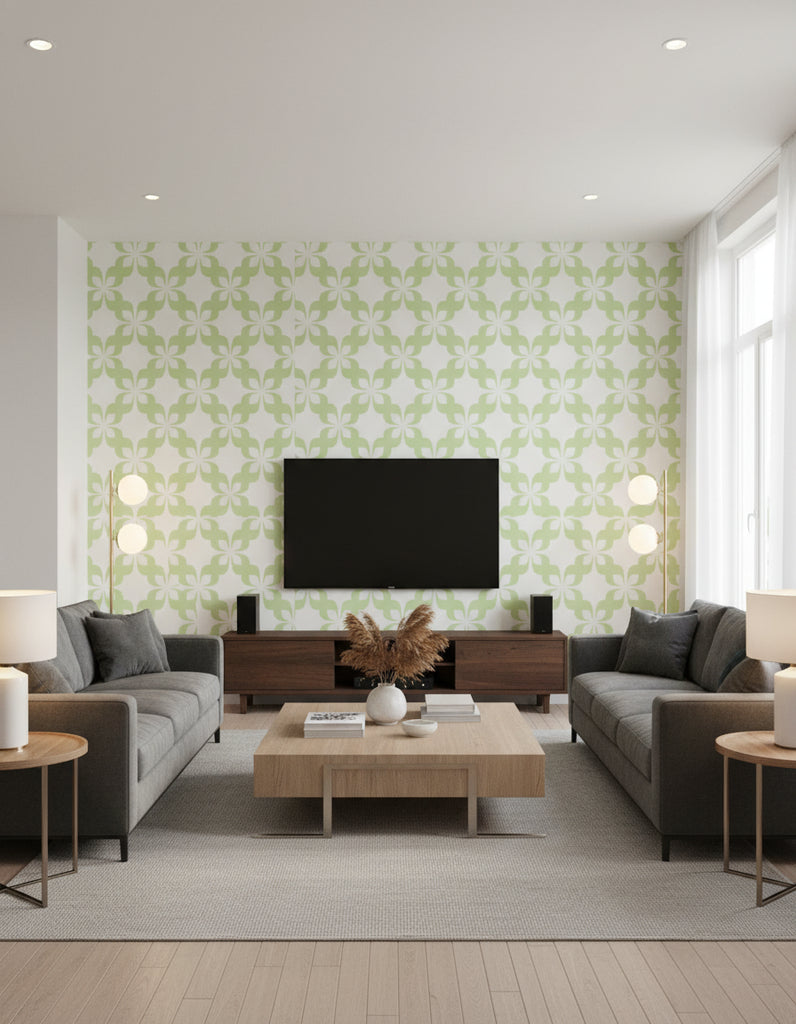 Pauline's Retro Geometric - Living Room Visualization (AI-generated, may not be to scale. Verify pattern scale with product specifications.)