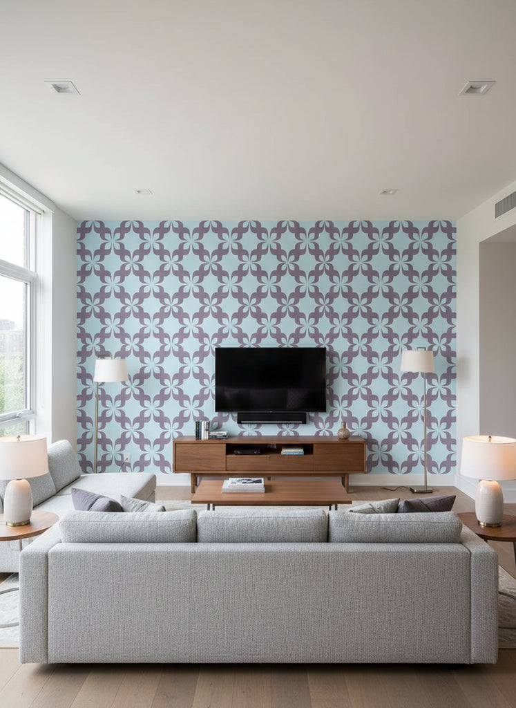 Pauline's Retro Geometric - Living Room Visualization (AI-generated, may not be to scale. Verify pattern scale with product specifications.)