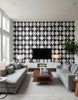 Pauline's Retro Geometric - Living Room Visualization (AI-generated, may not be to scale. Verify pattern scale with product specifications.)