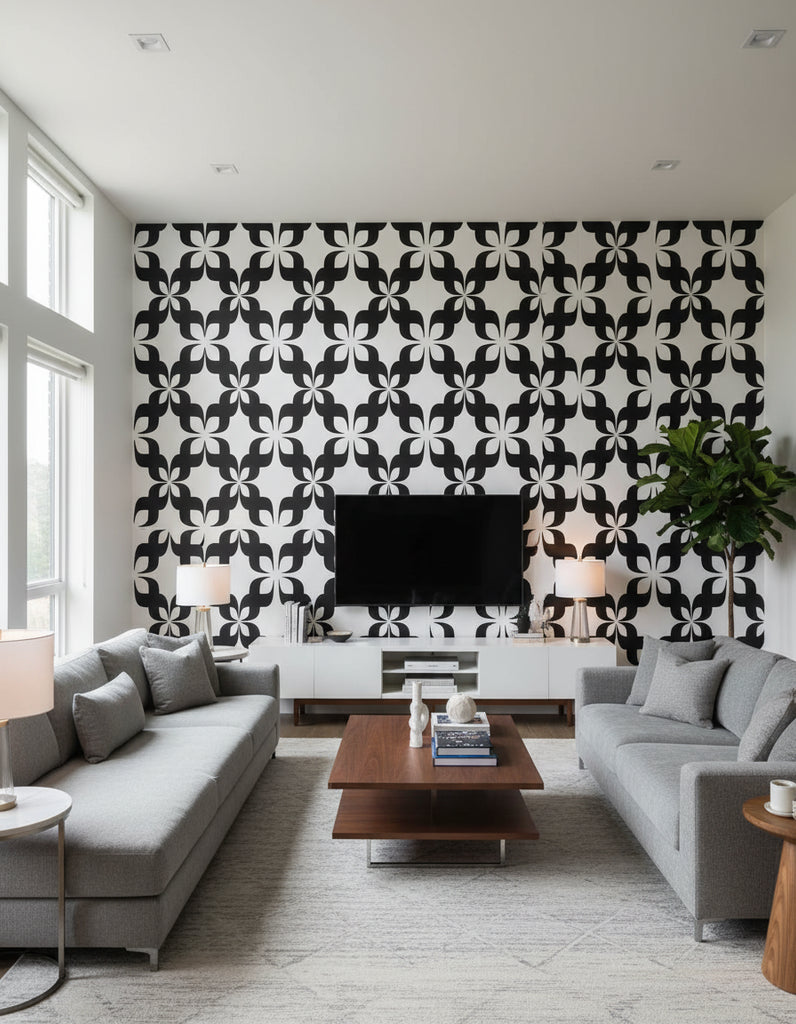 Pauline's Retro Geometric - Living Room Visualization (AI-generated, may not be to scale. Verify pattern scale with product specifications.)