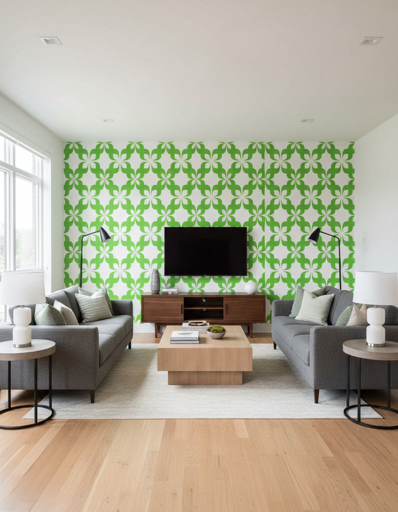Pauline's Retro Geometric - Living Room Visualization (AI-generated, may not be to scale. Verify pattern scale with product specifications.)