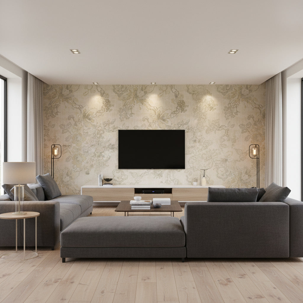 PBFC-3513.11.0 | Kravet - Living Room Visualization (AI-generated, may not be to scale. Verify pattern scale with product specifications.)