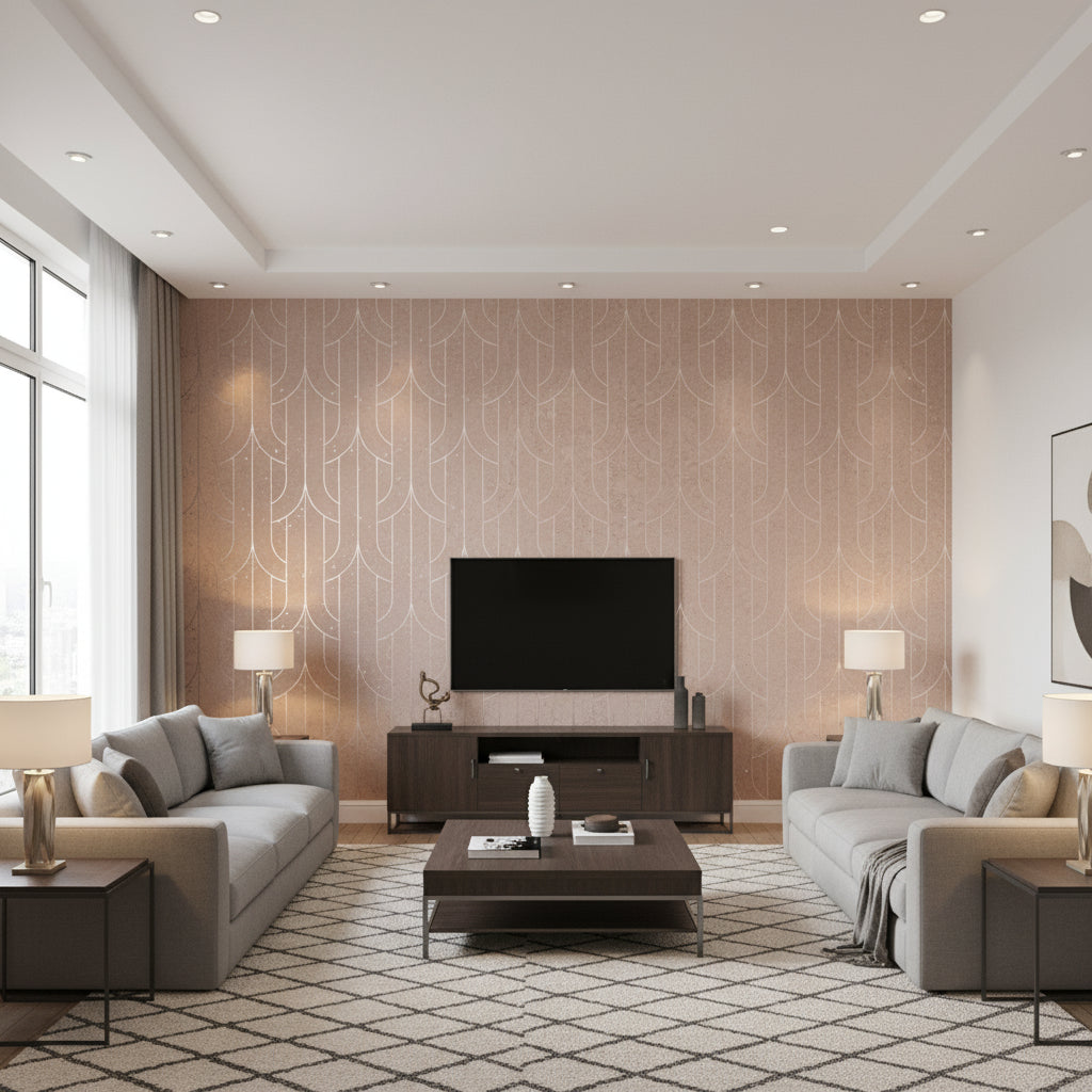 Porto Deco Rosé Reserve | Maya Romanoff - Living Room Visualization (AI-generated, may not be to scale. Verify pattern scale with product specifications.)