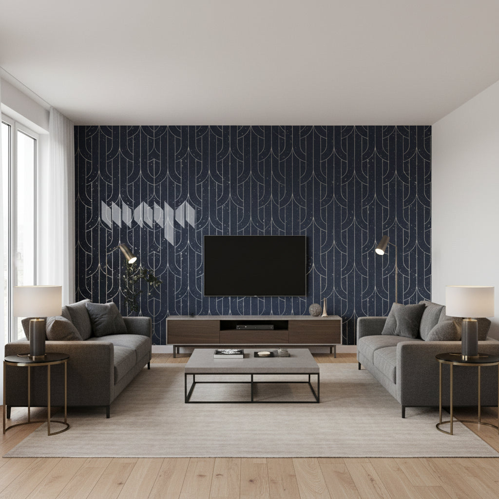 Porto Deco Bacchus Blue | Maya Romanoff - Living Room Visualization (AI-generated, may not be to scale. Verify pattern scale with product specifications.)