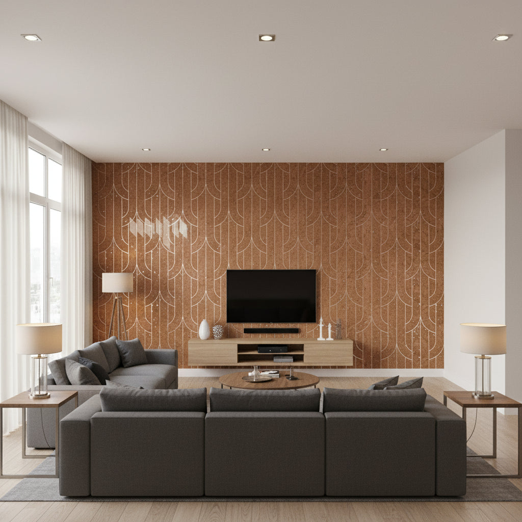 Porto Deco Nebbiolo Natural | Maya Romanoff - Living Room Visualization (AI-generated, may not be to scale. Verify pattern scale with product specifications.)
