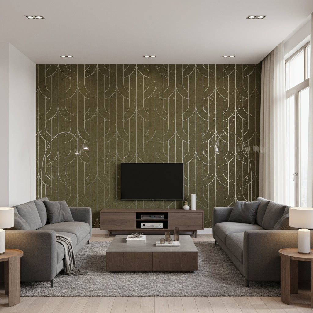 Porto Deco Green Grenache | Maya Romanoff - Living Room Visualization (AI-generated, may not be to scale. Verify pattern scale with product specifications.)