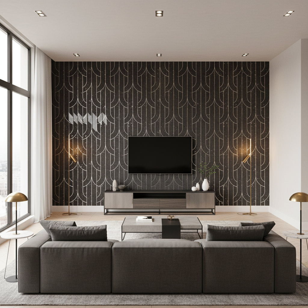 Porto Deco Syrah Slate | Maya Romanoff - Living Room Visualization (AI-generated, may not be to scale. Verify pattern scale with product specifications.)