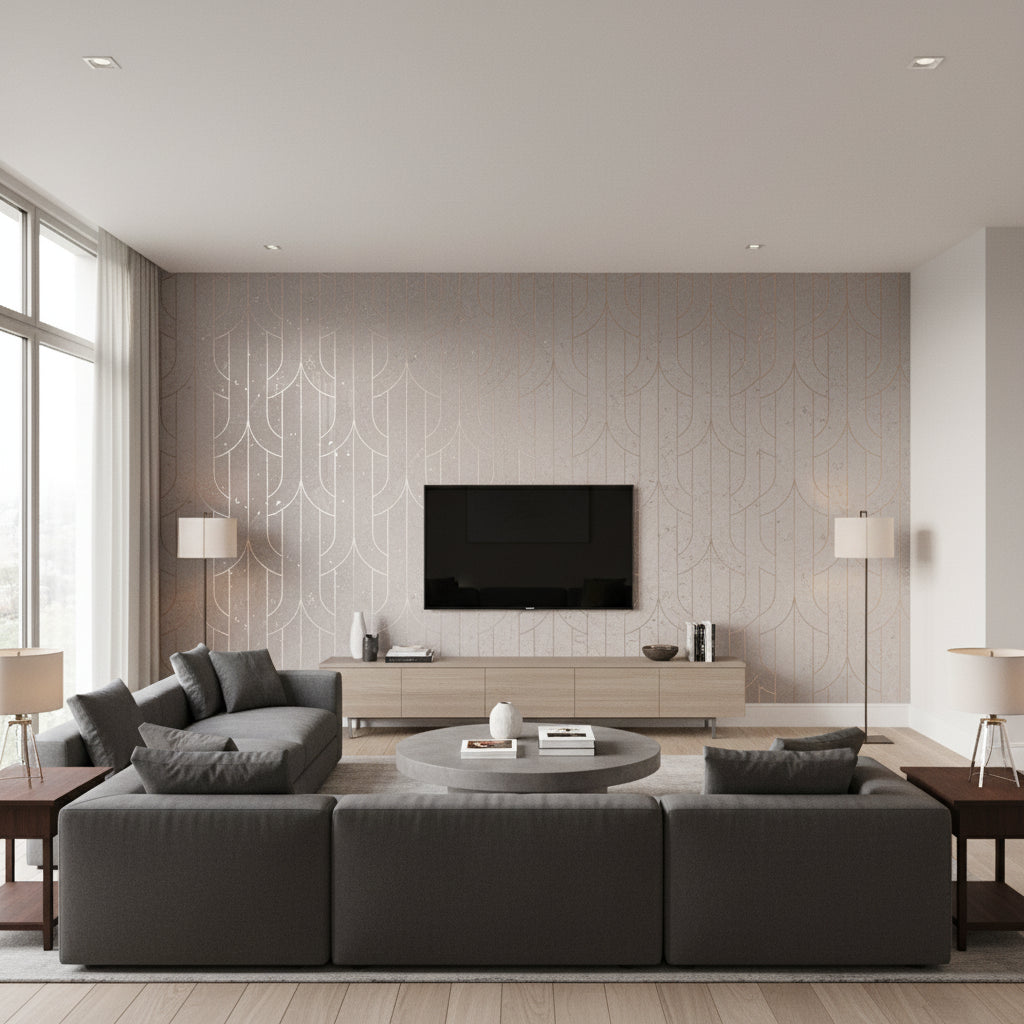 Porto Deco Sauvignon Blanc | Maya Romanoff - Living Room Visualization (AI-generated, may not be to scale. Verify pattern scale with product specifications.)
