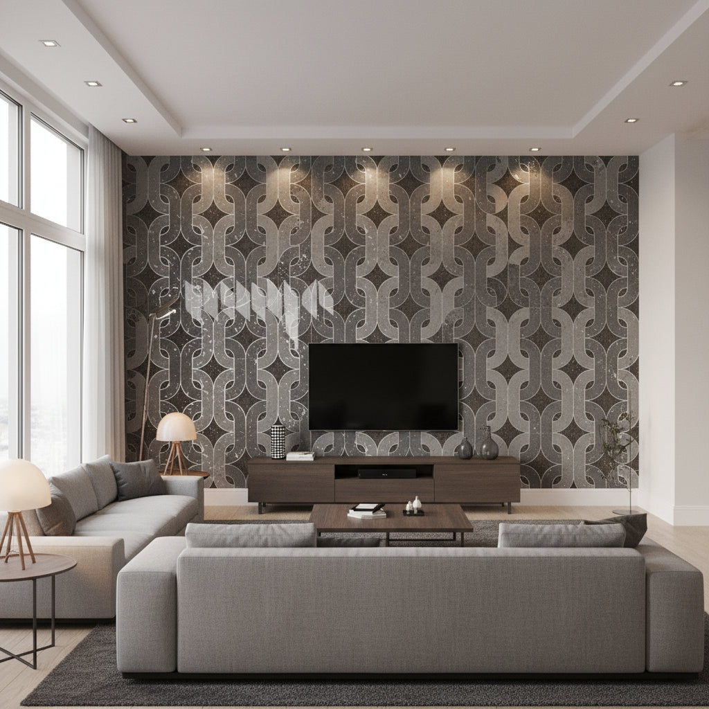 Porto Elo - Syrah Slate | Maya Romanoff - Living Room Visualization (AI-generated, may not be to scale. Verify pattern scale with product specifications.)